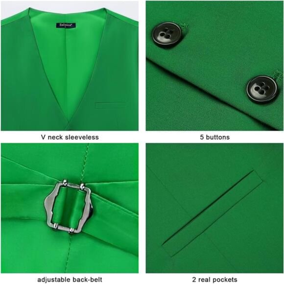 Men's Vest Formal Waistcoat Green3 - Picture 6 of 6